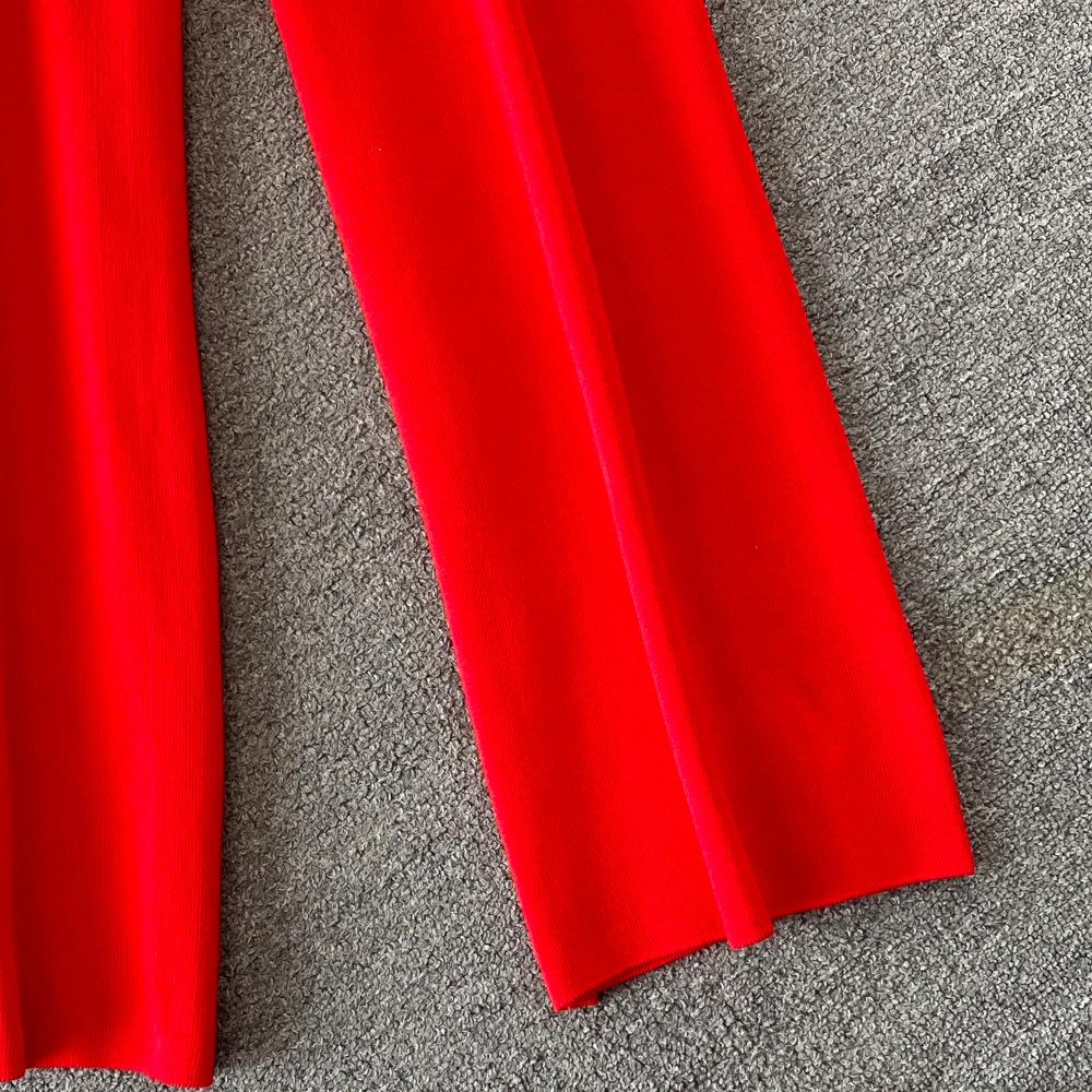 Conjunto de Moda para Mujer Otoño Invierno Suéter Holgado de Manga Larga a Cuadros Conjunto de Dos Piezas Pantalones de Punto Rectos de Pierna Ancha Adelgazantes de Cintura Alta