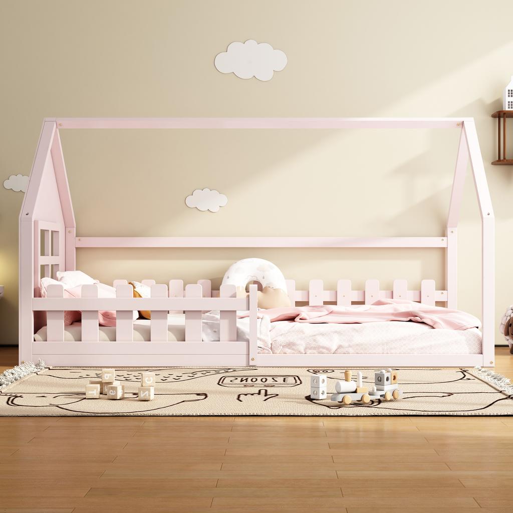 90*200cm Düz Yatak, Çocuk Yatağı, Ev Raylı, Pembe