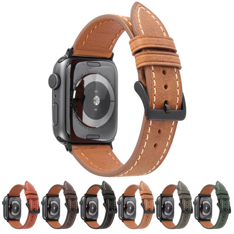 Applicable To Iwatch 1234567 Generation Watch Strap, First Layer Calfskin High-End Pin Buckle Watch Strap