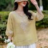 Light Yellow V Neck Embroidered Three Quarter Sleeve Linen Blend Blouse for Women
