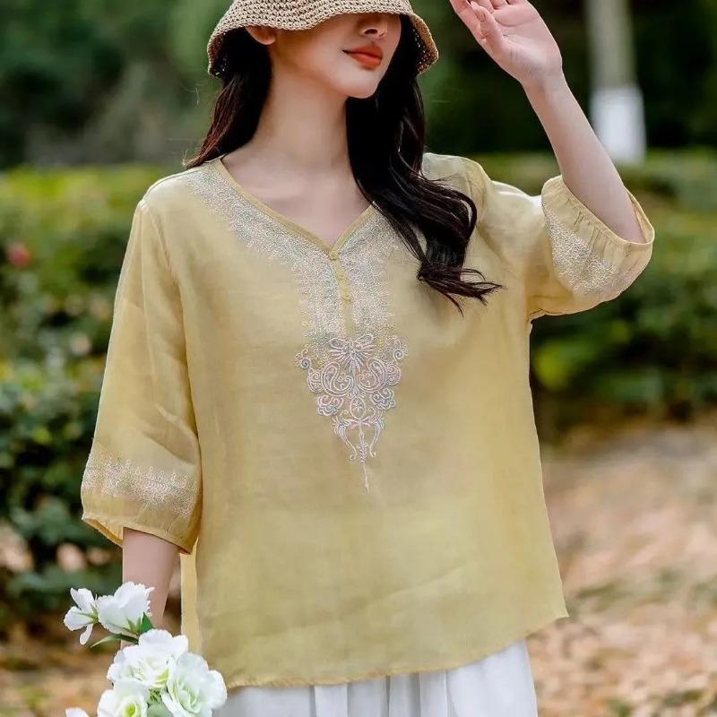 Light Yellow V Neck Embroidered Three Quarter Sleeve Linen Blend Blouse for Women