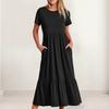 Frauen Sommerkleid Kurzen Ärmeln Rundhals Lose Saum Plissee A-linie Taschen Mid-kalb Länge Weibliche Kleidung Flowy Sommerkleid