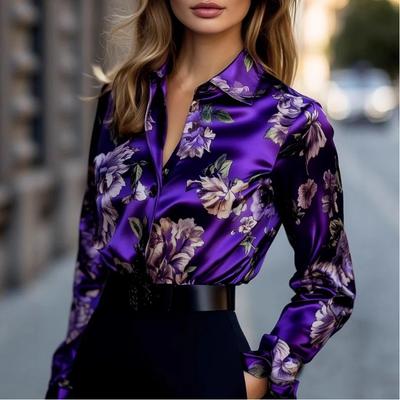 Purple Satin Shirt Floral Print Spring and Autumn New Fashion Long-sleeved Shirt