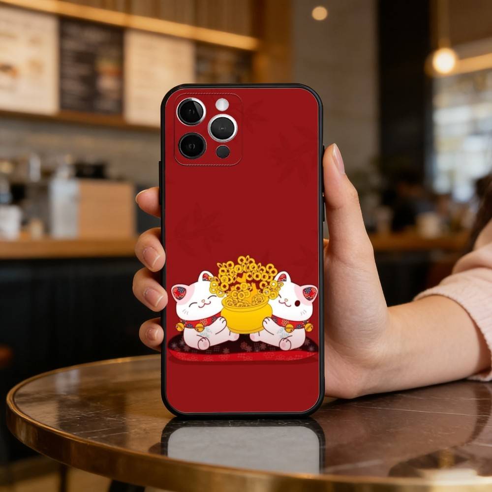 C-Cartoon Lucky Cat Soft Silicone Black Cover,Phone Case For iPhone 17,16,15,14,13,12,11 Plus,Pro Max,XS
