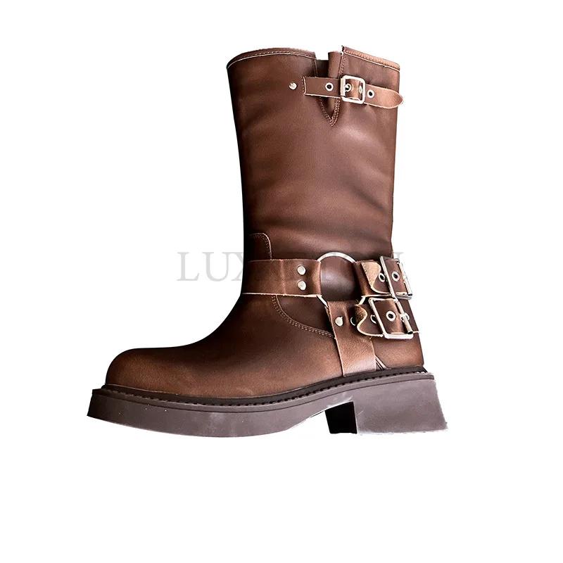 fashion Platform Combat Boots Zip Chuny Heel Buckle Vintage Fashion Casual Luxury Designer Western Mid Calf Boots Shoes Woman