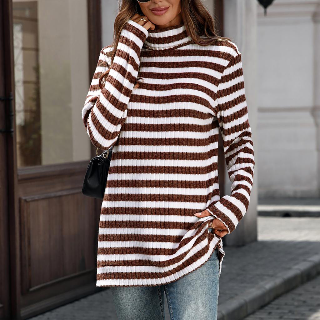 Women's Fashion Casual Striped High Neck Loose Long Sleeve Casual Pullover Top