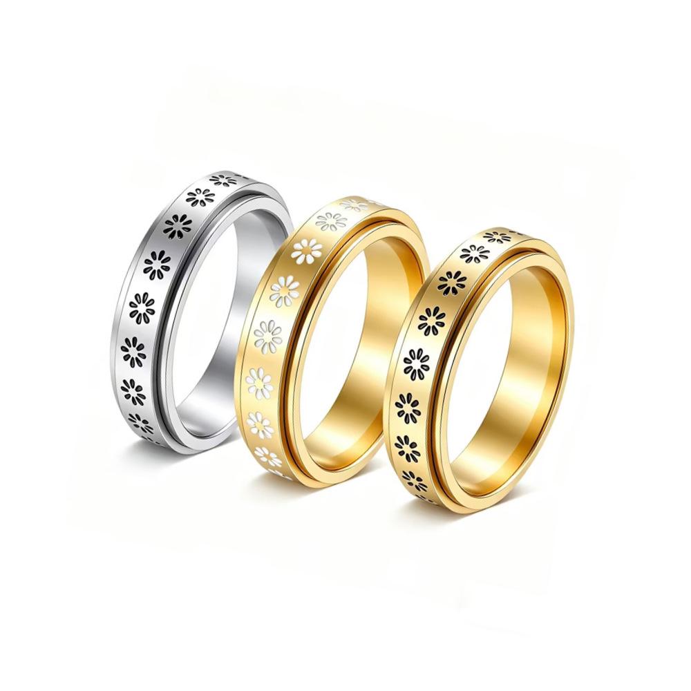 Stylish Rotatable Daisy Flower Titanium Steel Anti-Anxiety Couple Ring