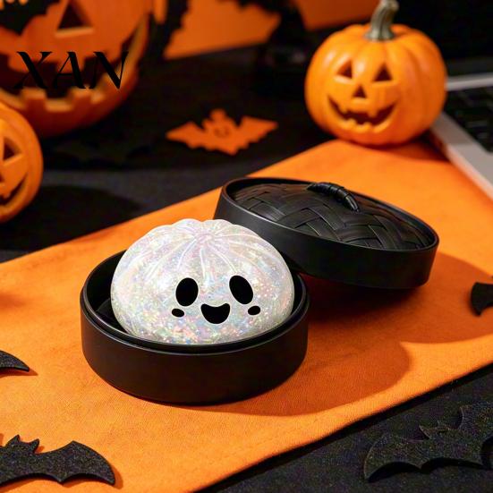 Squeeze Stress Ball Halloween Dumpling Toy with Steamer Box, Pumpkin Ghost Bat Steamed Sensory Bun for Relief, Party Favors