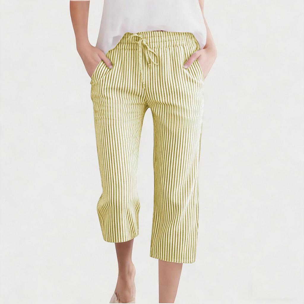 Children's Fashionable Cute Striped Elastic Waist Pocket Casual Girls' Cropped Pants