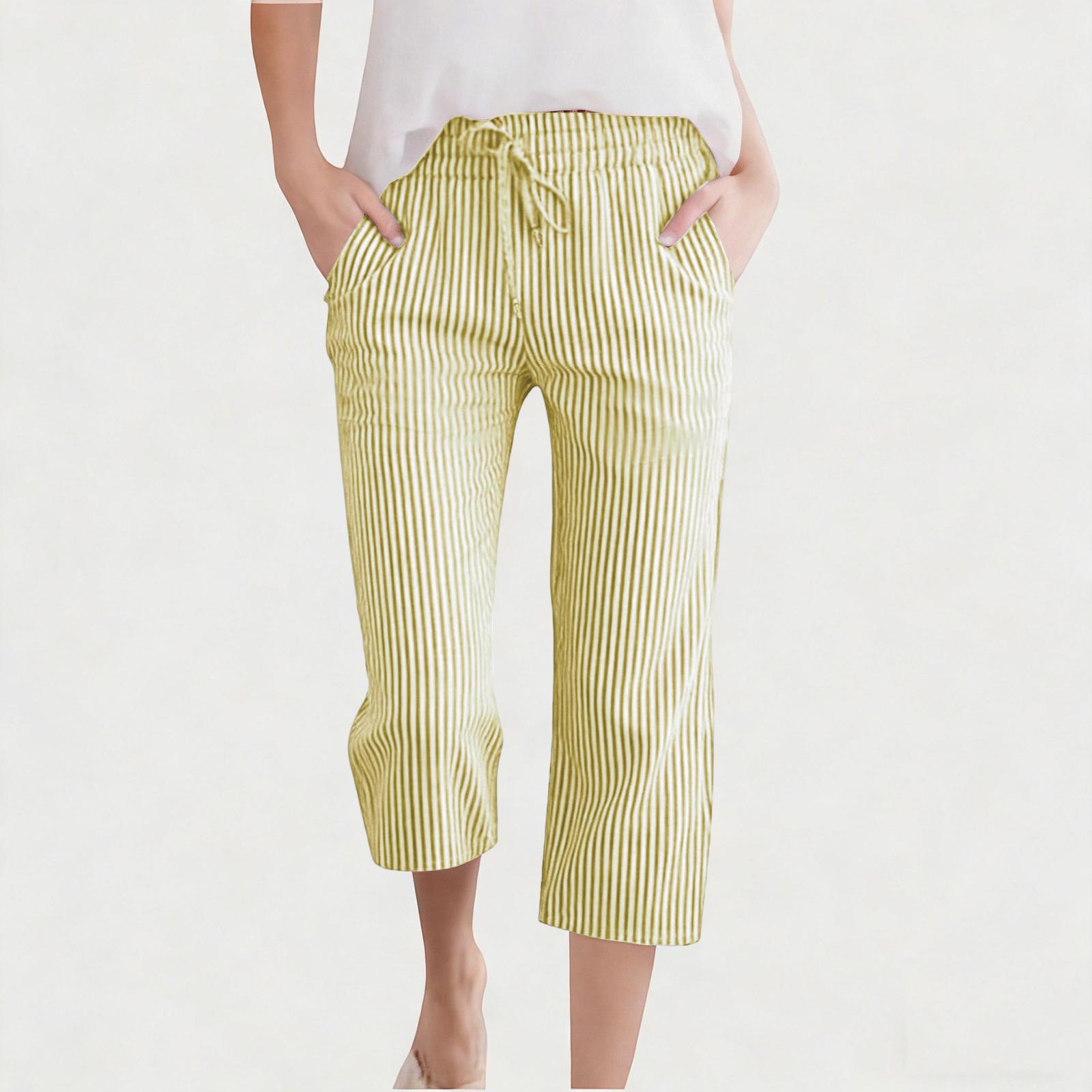 Children s Fashionable Cute Striped Elastic Waist Pocket Casual Girls  Cropped Pants 110 оранжевый