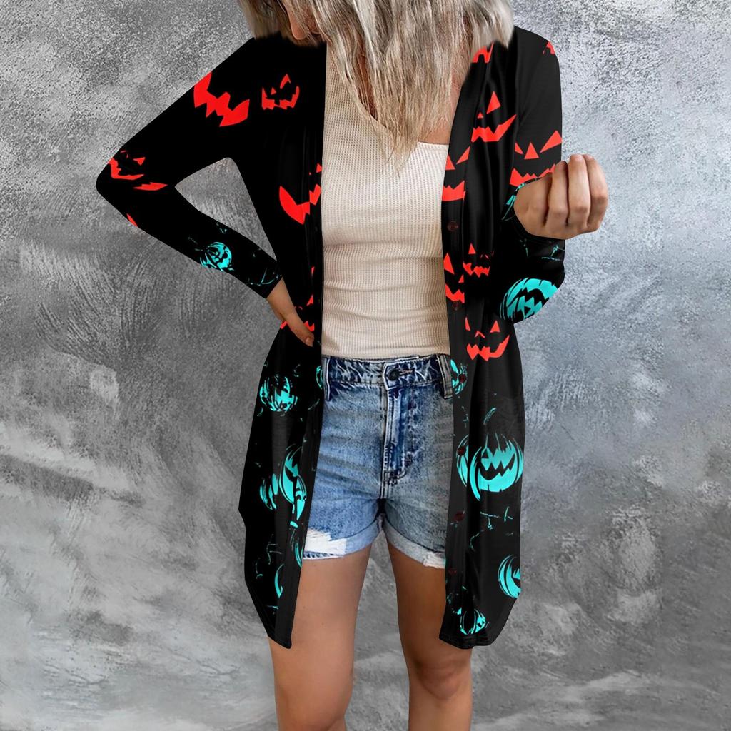 Women's Casual Cardigan Halloween Printed Long Sleeve Top With Pockets