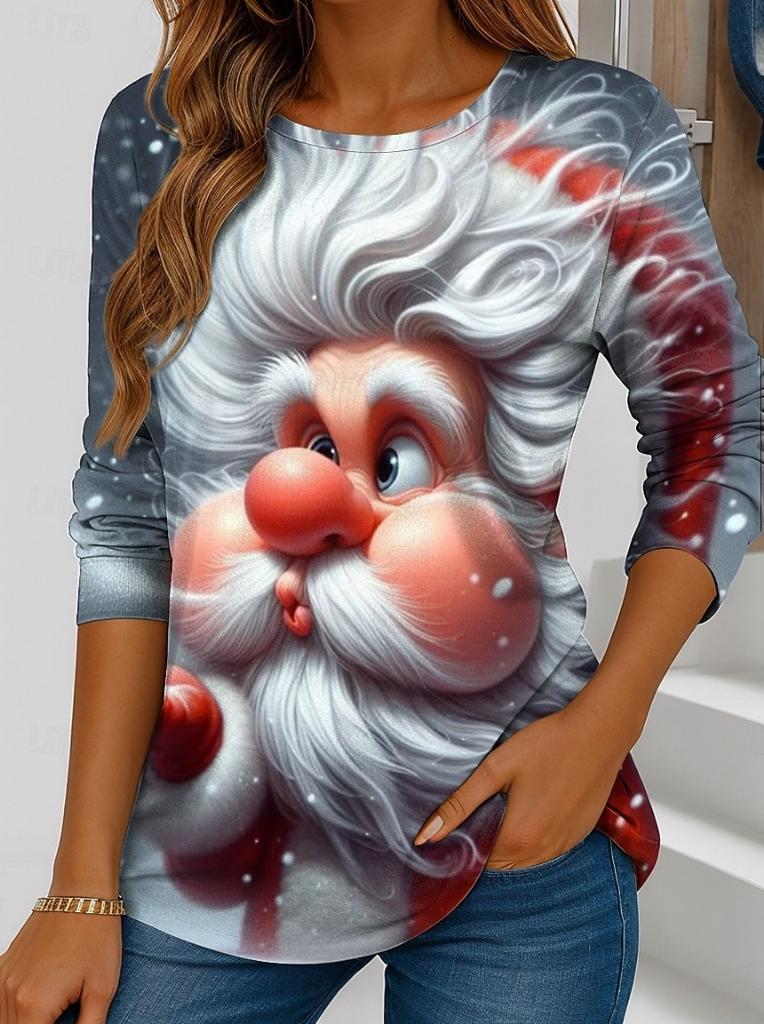 Women's Santa Claus Printed Christmas Theme Crew Neck Long Sleeve T-shirt