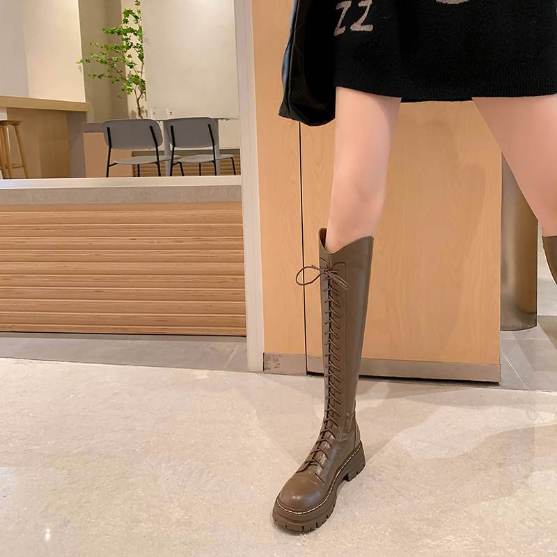 Krazing Pot Buty Jesienno-Zimowe ze Skóry Naturalnej Europejski Design Średnie Obcasy Kozaki Jeździeckie Kobiety Utrzymują Ciepło Kozaki do Uda