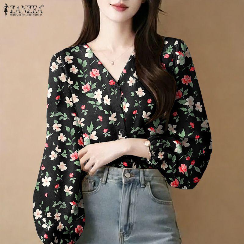 ZANZEA Women Casual V-Neck Long Sleeve Loose Floral Print Blouse