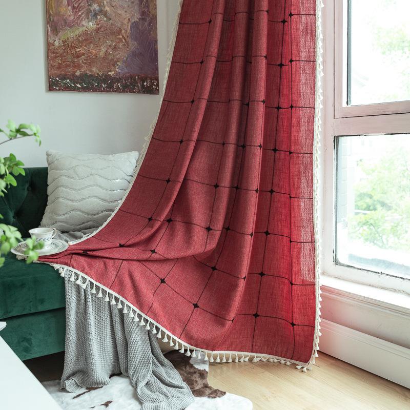 Grey Curtain Finished Product Embroidery Cotton And Linen Solid Color Plaid Coffee Insulation Living Room Kitchen Set Rod Partition Curtain