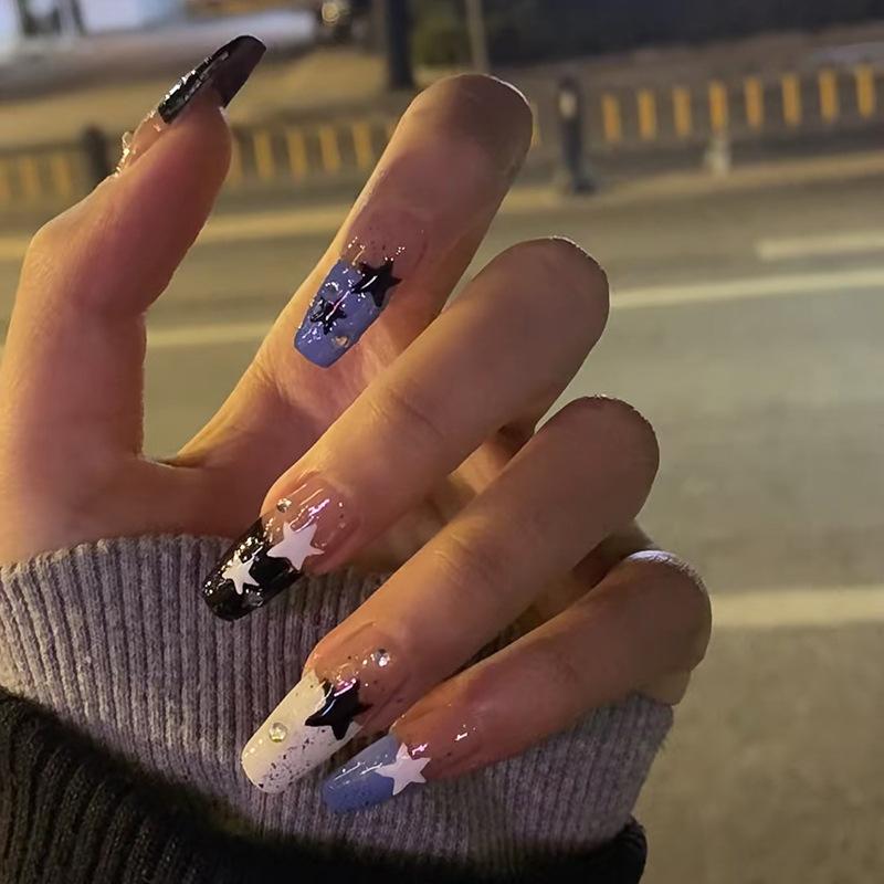 

Wear nail art finished nail piece black and white purple three-color French rhinestone black and white star ins wind wear nail piece