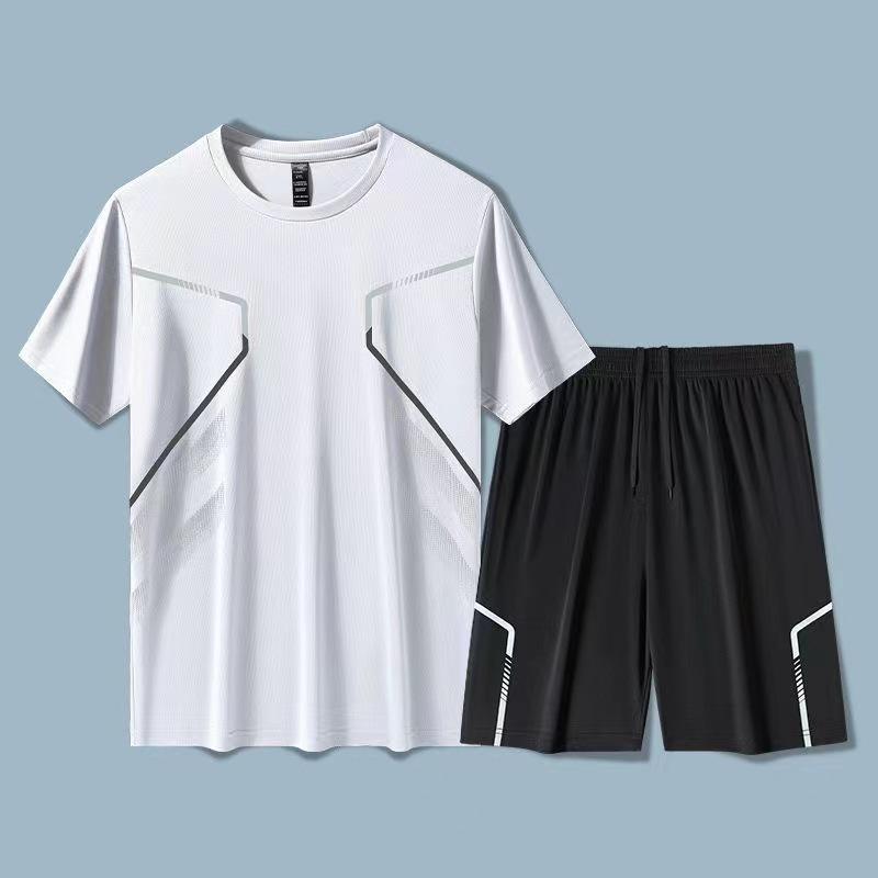 Men's Ice Silk Quick-Dry Fitness T-Shirt & Shorts Set - Short Sleeve Sportswear for Summer, Ideal for Basketball, Running, and Training.