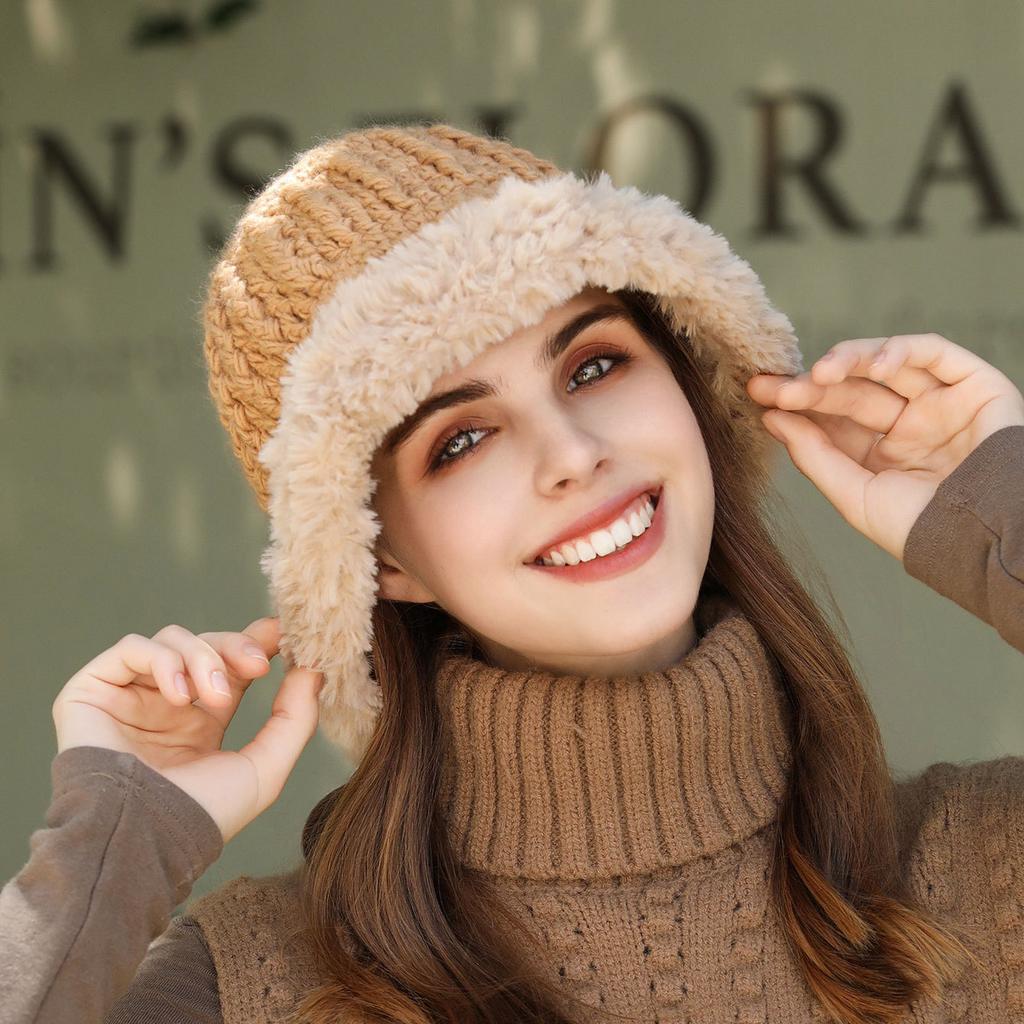 Plush edge knitted bucket hat women's autumn and winter warm versatile big head circumference showing face small wool bag head ear protection hat