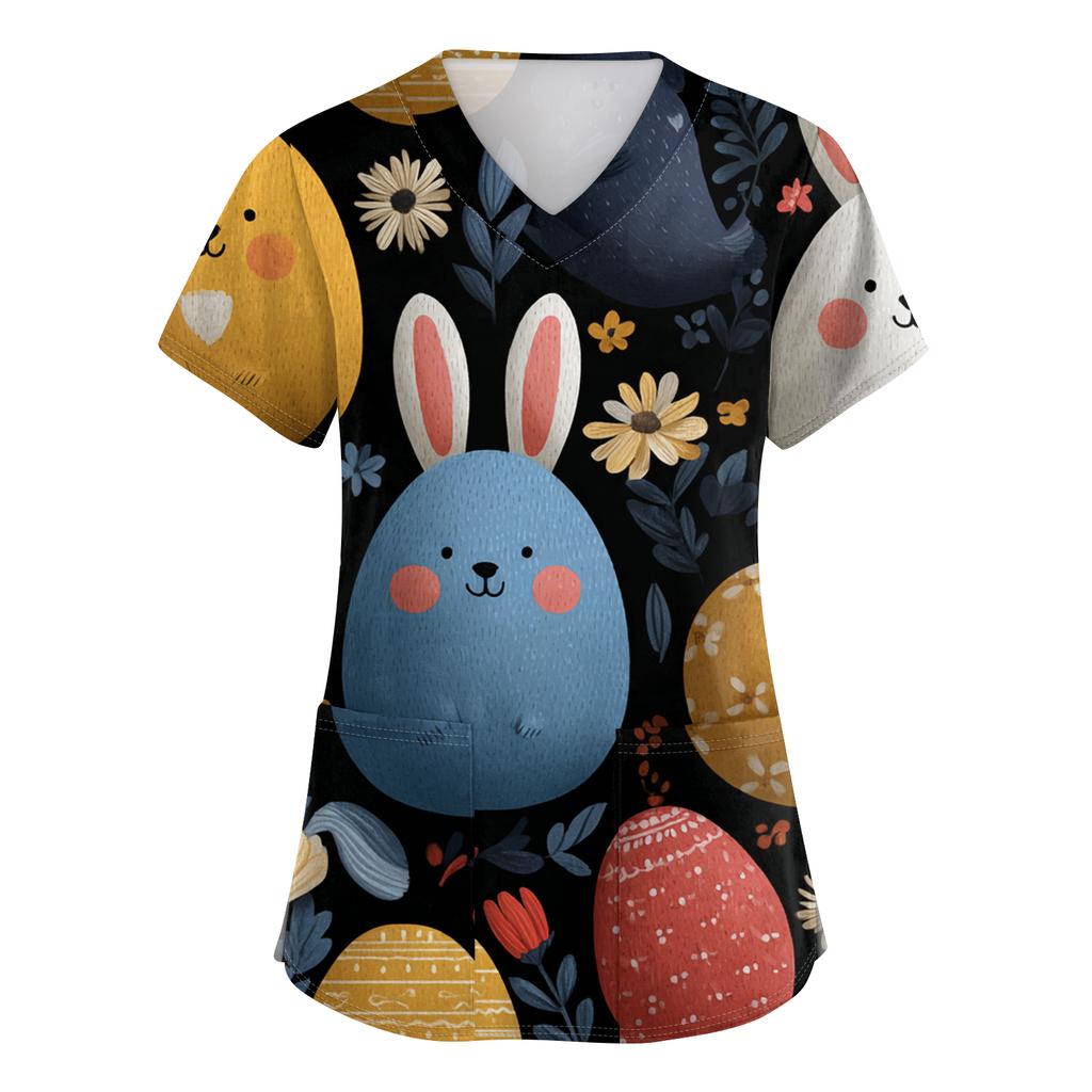 Women's Fashion V-Neck Short-Sleeved Workwear With Pockets Easter Print Top Caregiver Uniform