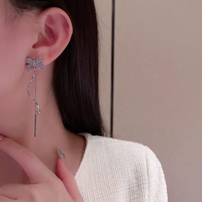 S925 Silver Korean Bow Long Earrings - Elegant & Versatile Lady's Style