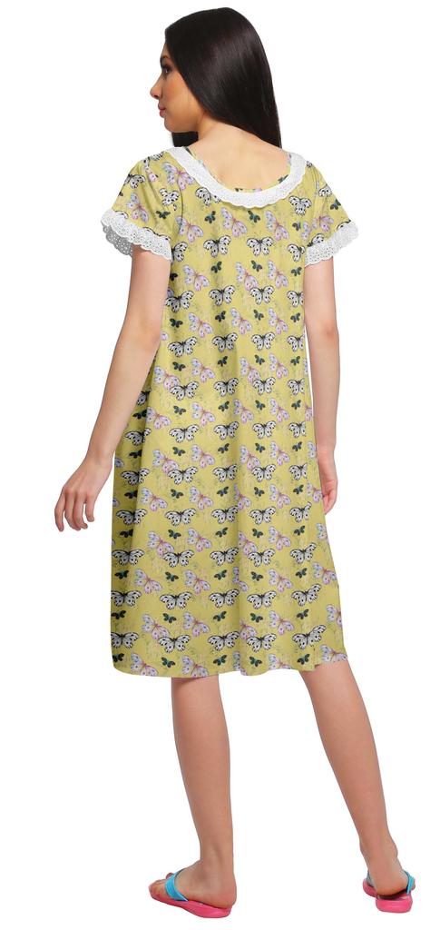 Moomaya Printed Short Sleeve Knee Length Nightdress Round Neck Sleepwear