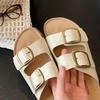 Cowhide Version~ Retro Double Buckle with Thick Bottom To Increase the Height of Beach Cool Slippers for Women