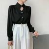 Women's Spring and Autumn Solid Color V-neck Long-sleeved Shirt Chic Niche Draped Tops
