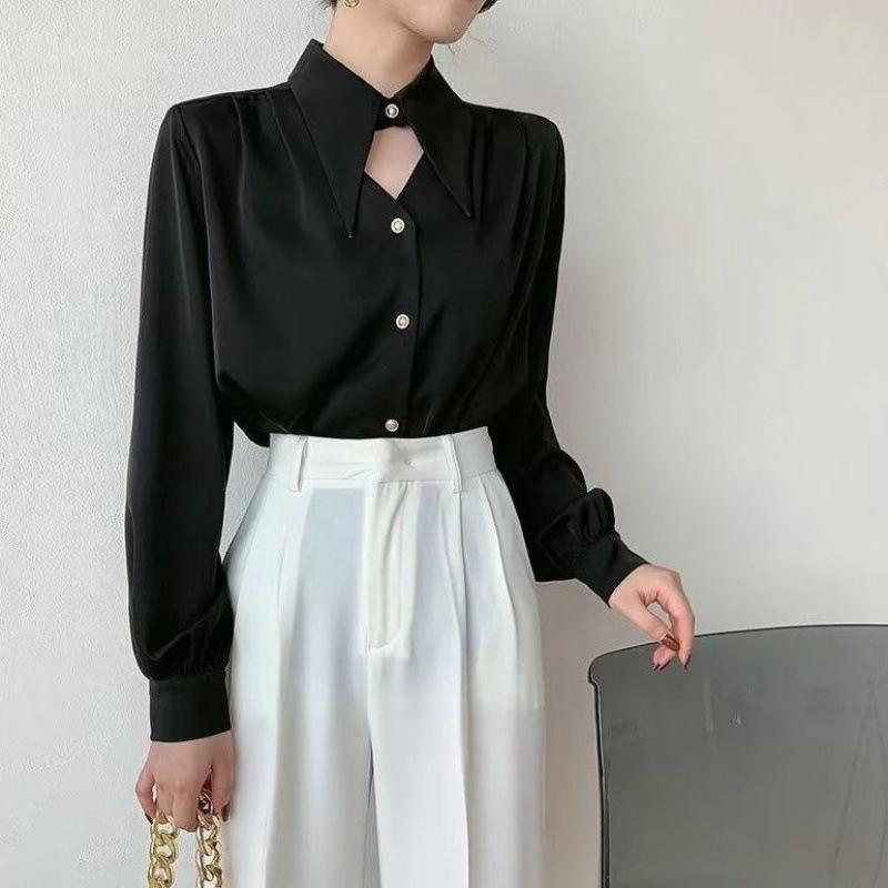 Women's Spring and Autumn Solid Color V-neck Long-sleeved Shirt Chic Niche Draped Tops