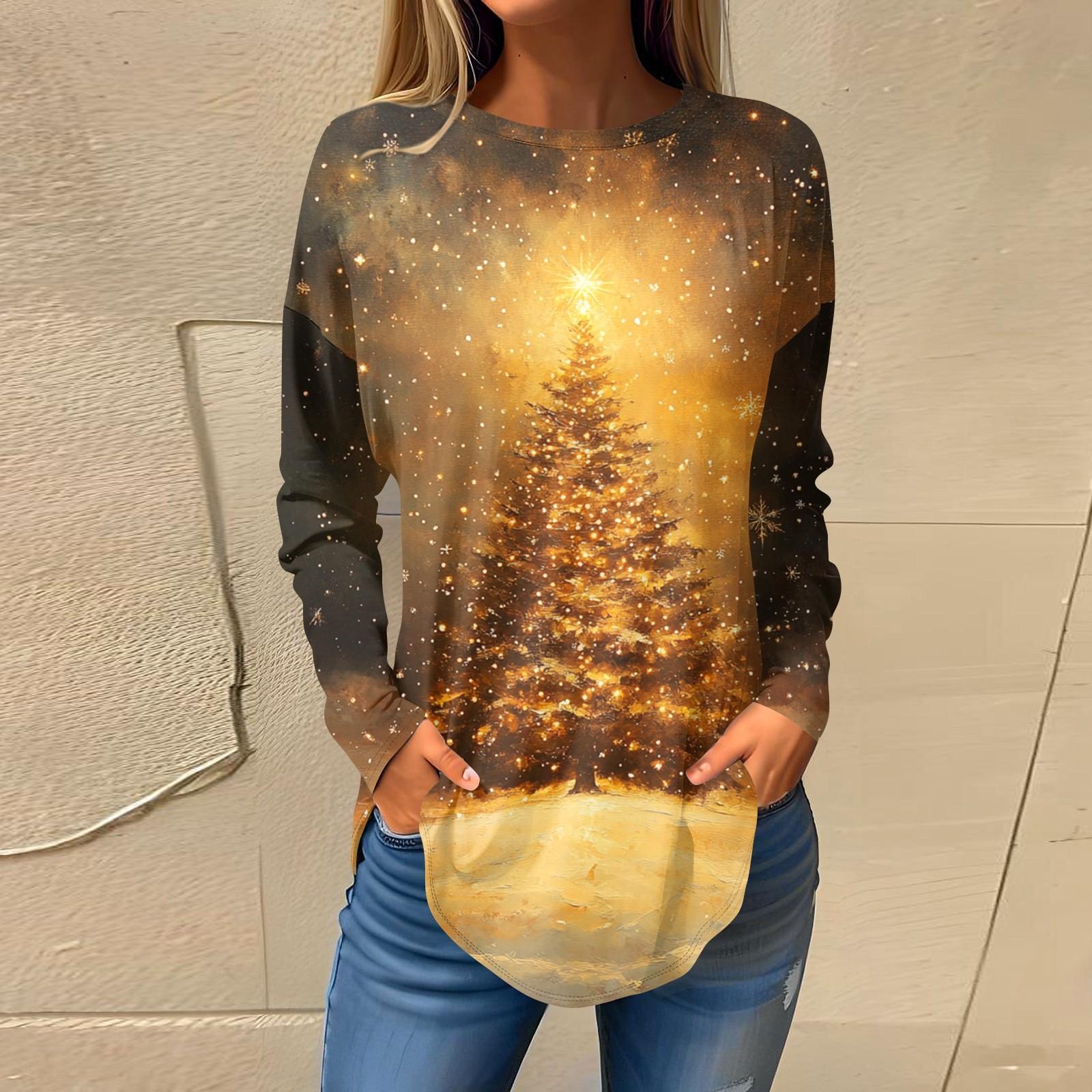 

Футболки для женщин, осенние повседневные рубашки с длинным рукавом, толстовки с винтажным графическим принтом, топы, пуловеры, рождественские XL жёлтый