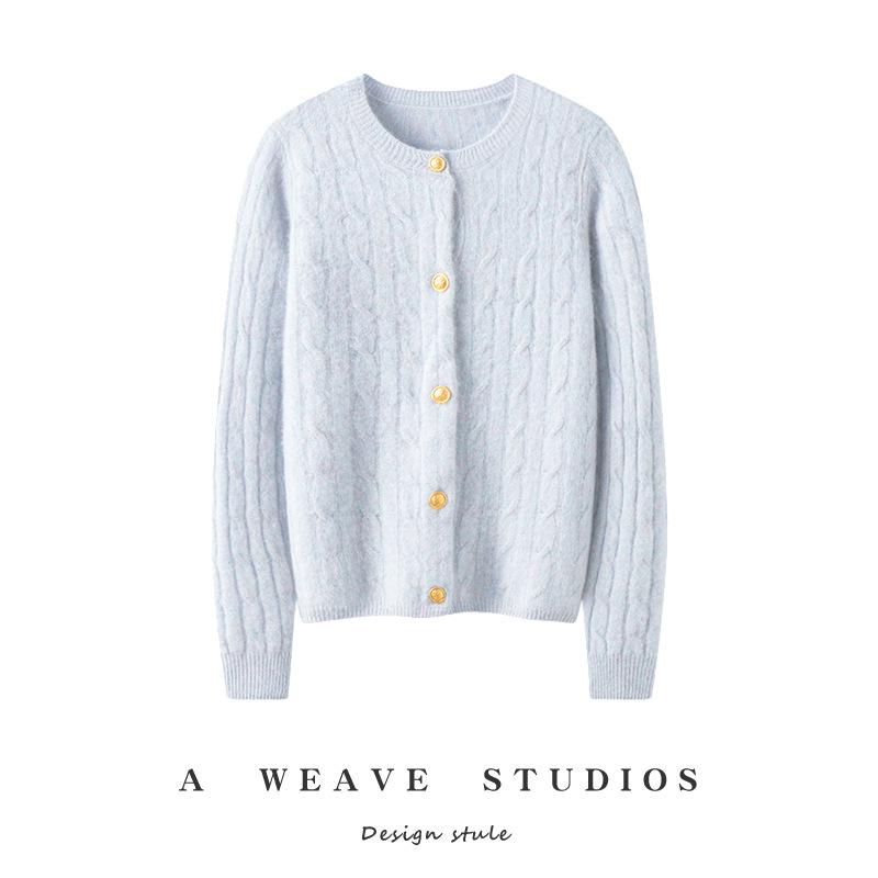 100% Pure Cashmere Women's Round Neck Loose Cable Knit Cardigan - Versatile & Casual for Autumn/Winter