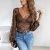 Women Sexy Retro Lace Patchwork V Neck Solid Color Long Sleeve Shapewear Bodysuit