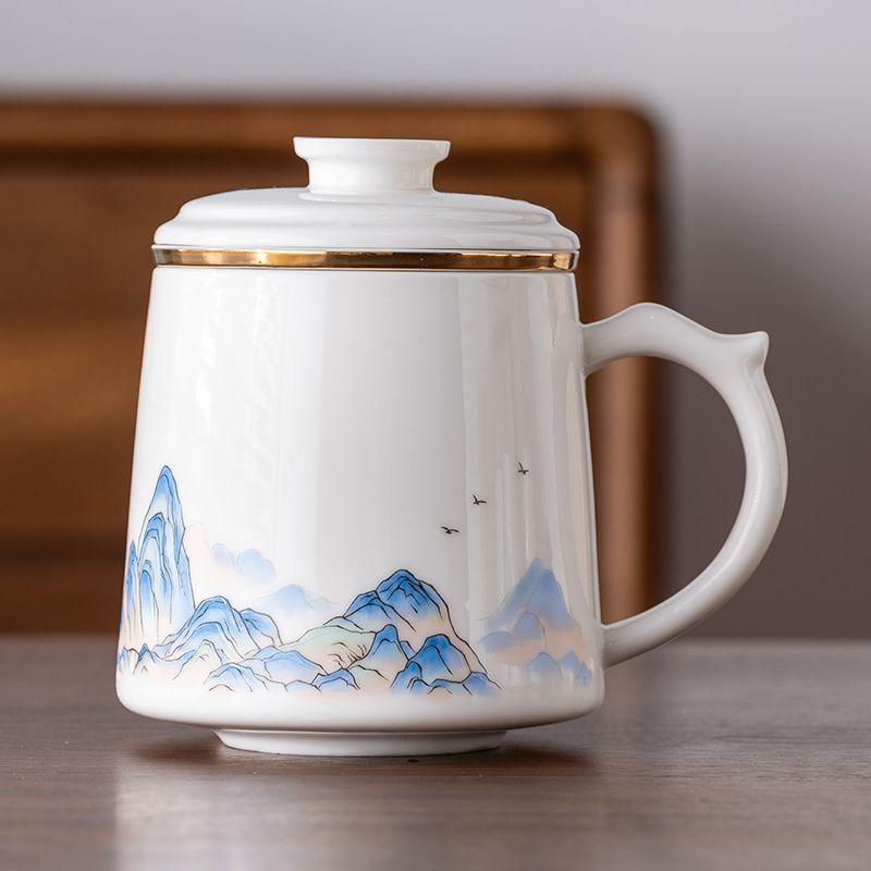 Suet Jade Teacup Merchandise Landscape Ceramic Office Cup Tea Separation Mug Water Cup Company Business Souvenir