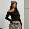 2026 Casual Diagonal Neck Long Sleeve Off The Shoulder Womens Blouse Spring Solid Color Crop Tops Streetwear T-shirt Slim Fit Short Shirt