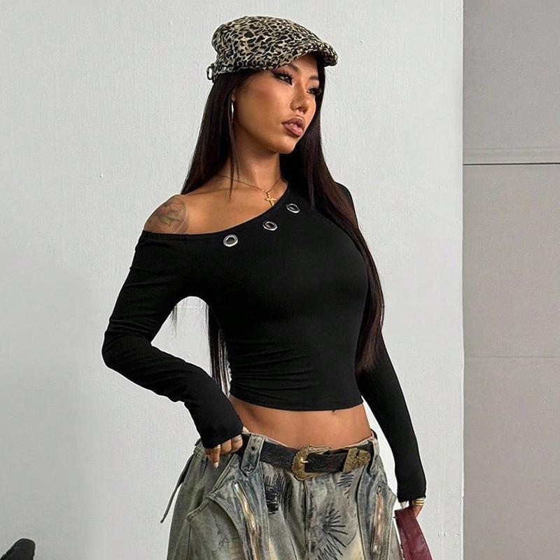 2026 Casual Diagonal Neck Long Sleeve Off The Shoulder Womens Blouse Spring Solid Color Crop Tops Streetwear T-shirt Slim Fit Short Shirt