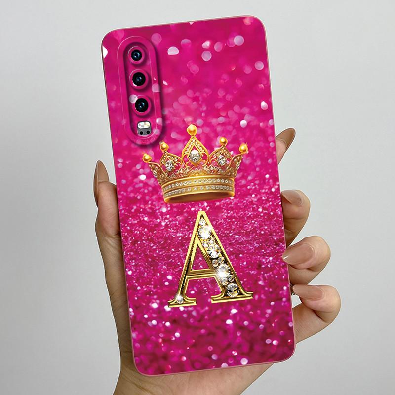 Back Cover For Huawei P30 ELE-L29 P 30 Pro VOG-L29 Crown Initial Letter Phone Case Liquid Soft Silicone Lens Protective Casing