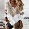 Dam Elegant Patchwork Print Stickad Tröja Höst Sexig V-ringad Långärmad tröja Toppar Dam Vinter Casual Lös tröja
