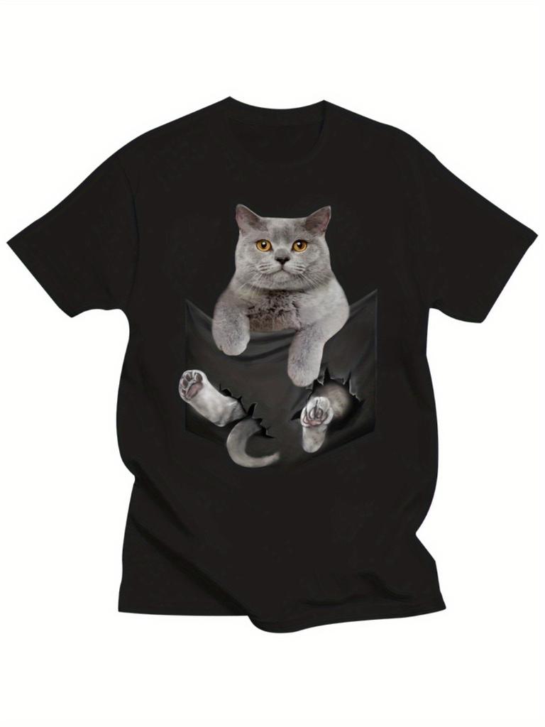 Unisexs Cotton Tshirt British Shorthair Cat Peeks From Pocket Casual Short Sleeved Round Neck Tshirt