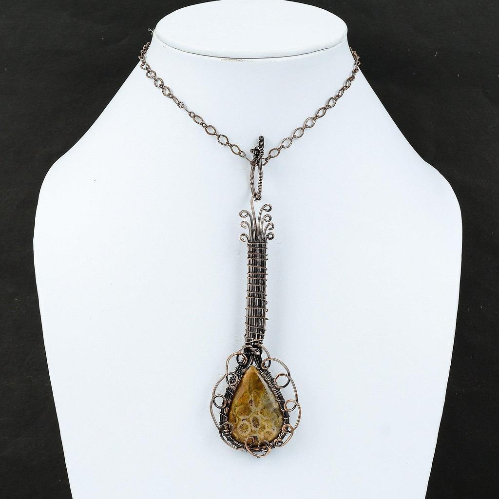 Fossil Coral Copper Pendant Wire Wrapped Gemstone Pendant Guitar Pendant For Gift Designer Jewelry Handmade Pendant Music Instrument Jewelry