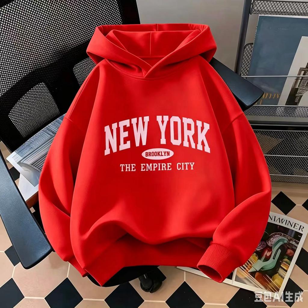 Fit, New York Letter Print Casual Style for Boys and Girls Children's Fashionable Hoodie Loose Geometric Pattern Warm Sweatshirt