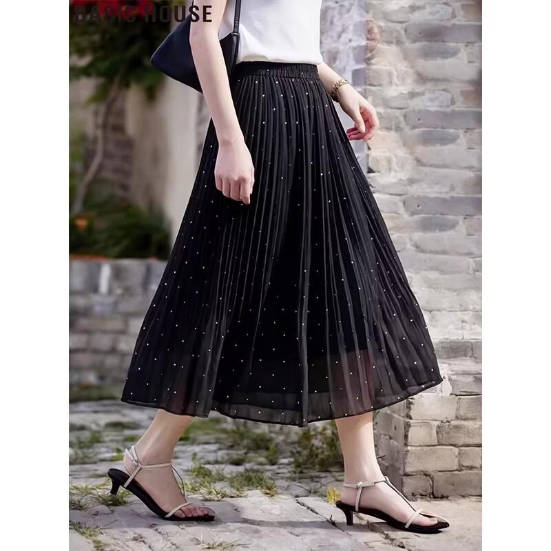 Basic House Black Polka Dot Mesh A-Line Midi Skirt M