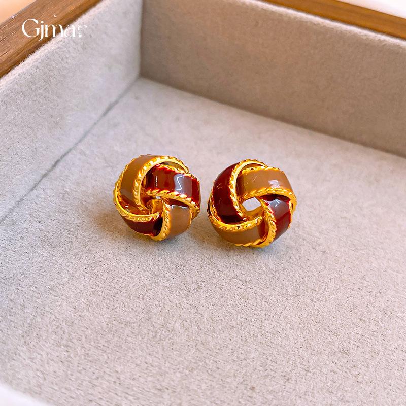 Real Gold Electroplated Retro Coffee Color Drip Oil Round Cross Flower Stud Earrings Temperament Earrings Earrings Women