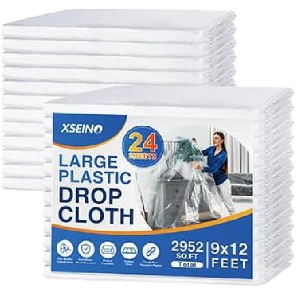 24 Pack 12 X 9 Ft 0.4 MIL Large Painter’s Plastic Drop Cloth Painting Sheet-Light & Durable Dust Cover-Clear Plastic Sheet-Plastic Sheeting-Plastic