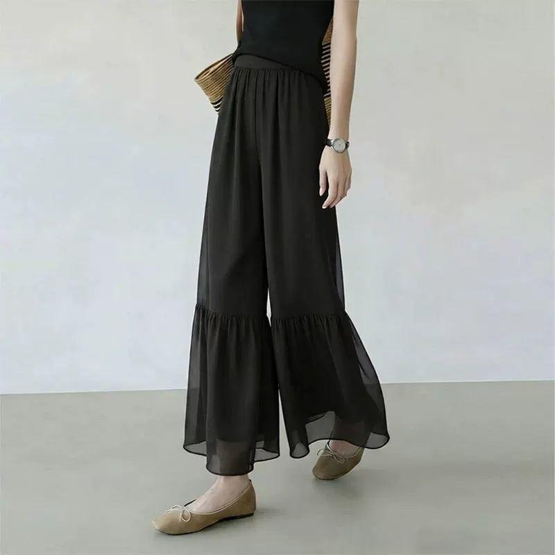 Women Elastic Waist Chiffon Ruffle Hem Wide Leg Cropped Pants Layered Flowy Sheer Capri Trousers Lightweight Summer Daily Office Casual Pants