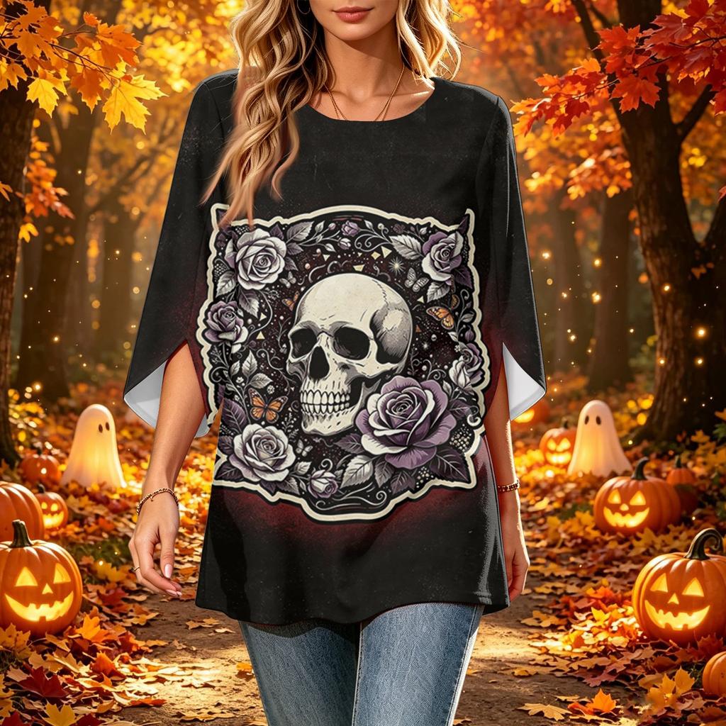 Women's Halloween Printed Casual Loose Fit Top with Round Neck and Three-Quarter Sleeves