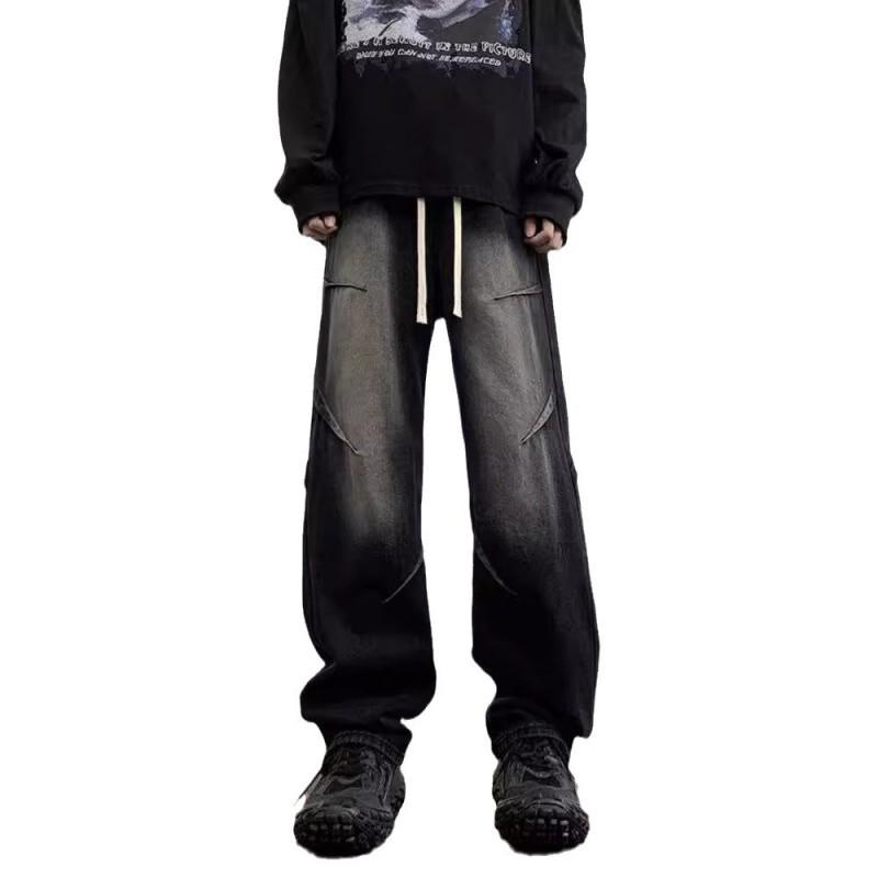 Mens Retro Blue Wide Leg Jeans Loose Straight Drawstring Denim Pants Teens