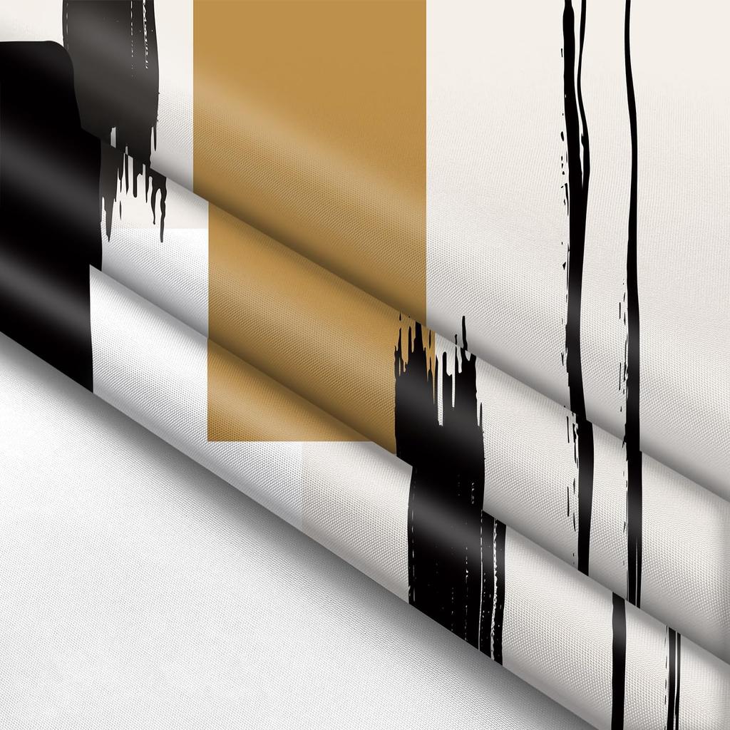 Neutral Geometric Black Modern Shower Curtain, Minimalist Abstract Shower Curtain Yellow, Waterproof With 12 Hooks