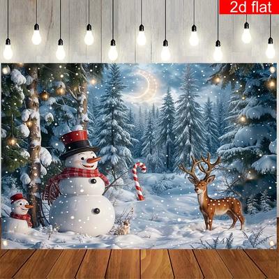 2D Christmas Winter Forest Backdrop Snowman Reindeer Party Photography Background