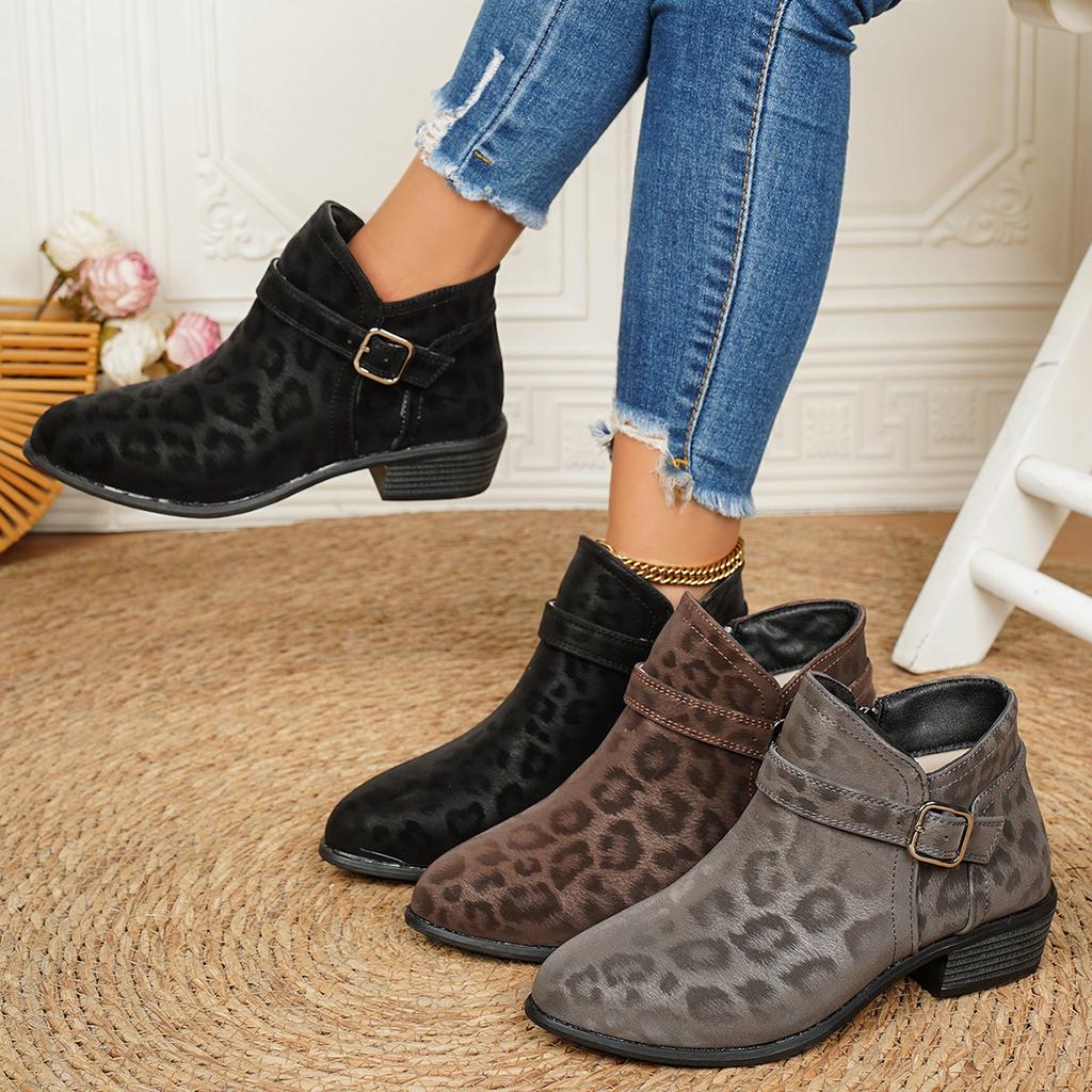 Autumn and winter new leopard print thick heel medium heel comfortable large size fashion boots women's European and American side zipper boots