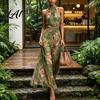Soft Texture Dress Floral Chiffon for Women Halter Sleeveless Ruched Maxi Spring Daily Wear Dress Turtle Neck Wedding Guest Cocktail Evening