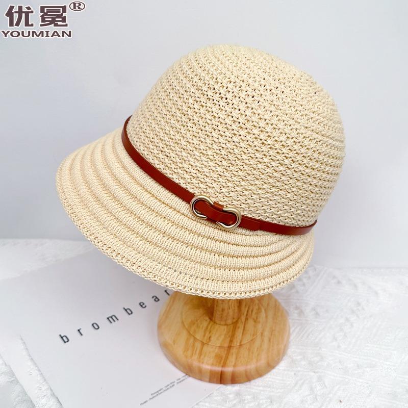 Knitted basin hat spring and summer sunscreen belt decoration wavy edge folding women's retro casual bucket hat fashion